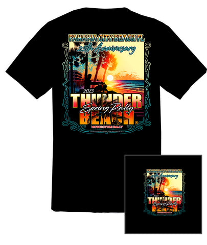 2023 Spring Rally Thunder Beach Tropical Sunset on the Beach Design Black T-Shirt