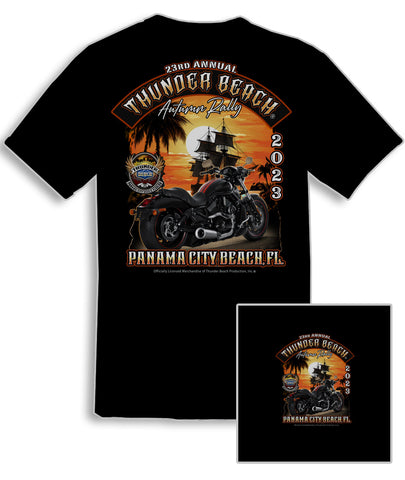 2023 Autumn Rally Thunder Beach Sunset Pirate Bike Design Black T-Shirt