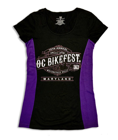 2023 Women OC BikeFest Logo Shirt Black & Purple