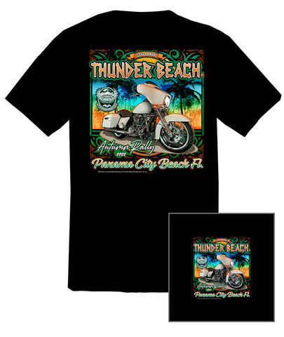 2022 Autumn Rally Thunder Beach #1 Design Tropical Sunset Black T-Shirt
